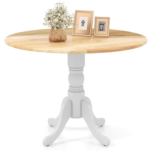 Image of TANGZON Round Dining Table, 100cm Rubber Wood Kitchen Table with Pedestal Legs & Adjustable Foot Pads, 4 Seater Farmhouse Dinner Table Furniture for Home Dining Living Room Restaurant (Natural+White)