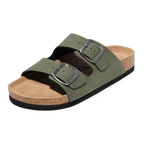 Image of FITORY Mens Sandals, Arch Support Slides with Adjustable Buckle Straps and Cork Footbed for Summer Green Olive Size 8.5