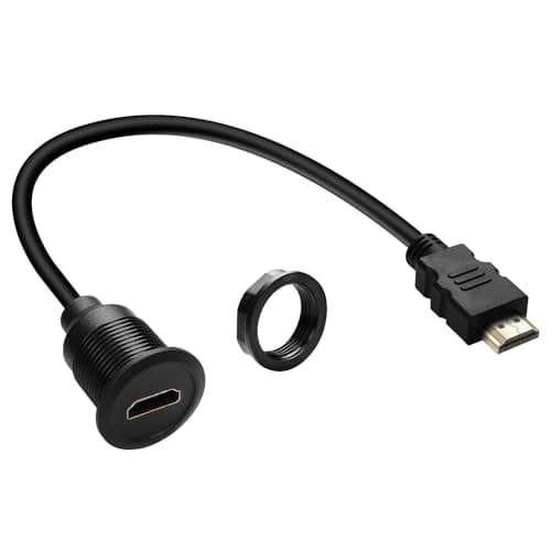 Image of QIANRENON HDMI Flush Mount HD Display Short Cable Adapter 1080P HDMI 1.4 Male to Female Threaded Fixed Panel Mount Projector Connector Extension Cable, for Car/RV/Boat Dashboard Desktop, 30cm/11.8in