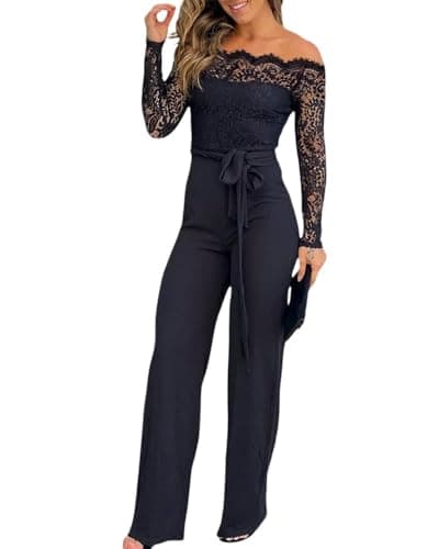 Image of CHICME Womens Dressy Jumpsuits Casual One Piece Outfits Off Shoulder Lace Trim Overalls Straight Leg Pants, Black, S