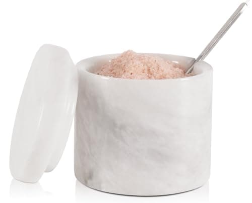 Image of SPESHSTONES Marble Salt Jar with Lid and Spoon 7.5cm White Handmade Spice Jars for Kitchen Storage - Flake Salt Holder, Decorative Sugar Bowl and Small Spice Containers for Countertop Decoration