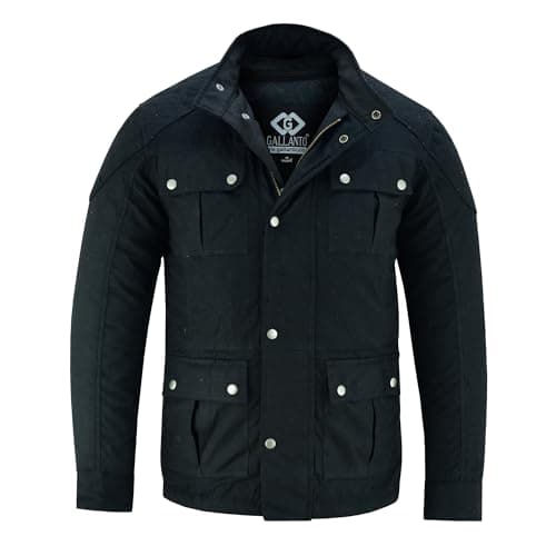 Image of Gallanto Men's Classic Brown Waxed Cotton Motorcycle Jacket – Textile Biker Armoured – Vintage Style – Durable & Stylish – Protective Gear – Multiple Pockets (UK, Alpha, S, Regular, Regular, Black)