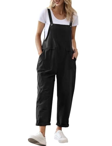 Image of YESNO Women's Dungarees Loose Casual Plus Size Lightweight Sleeveless Overall Long Jumpsuit Playsuit Trousers Pants Dungarees (XL PV9UK Black)