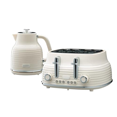Image of Daewoo Sienna Kettle and Toaster Set, 1.7L 3KW Rapid Boil Kettle & 4 Slice Wide Slot Toaster, Defrost, Reheat, Browning Control, Stylish Cream Breakfast Bundle