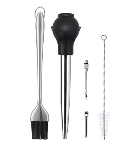 Image of KAYCROWN Stainless Steel Turkey Baster with BBQ/Grill Basting Brush, Commerical Grade Quality Silicone Bulb Including 2 Flavor Needles and Cleaning Brush for Easy Clean Up