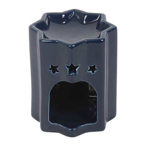 Image of Blue Ceramic Oil Burner with Star Cut Out Design, Celestial Wax Melt Warmer, Tealight Candle Holder
