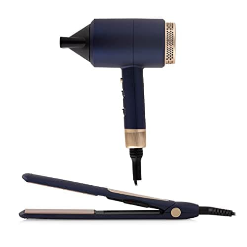 Image of Carmen Twilight Pro DC Keratin Hair Dryer and Ceramic Straightener Gift Set with 3 Heat and 2 Speed Settings, Blue and Champagne, C81127BC