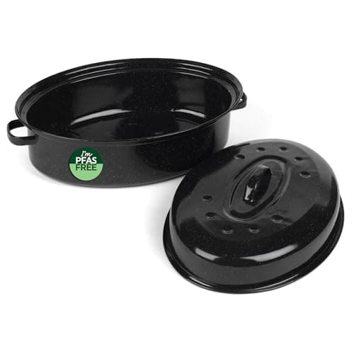 Image of Russell Hobbs CW11491 Enamel Roasting Tin – Self-Basting Roaster with Lid, Deep Oval Casserole Dish, Steel Covered Roaster Pot for Meat, Chicken, Oven Safe to 230°C, Family Size, Durable Steel, 36cm