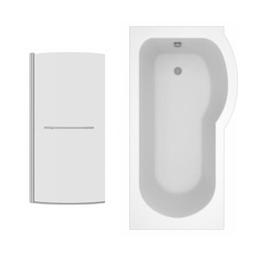 Image of Aquariss 1500mm Right Hand P Shape Shower Bath with Glass Shower Screen, Gloss White Soaking Acrylic Baths, Height Adjustable Feet