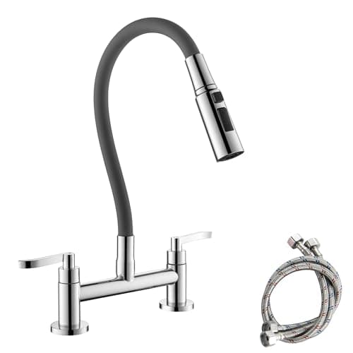 Image of LIUGEYI Kitchen Mixer Taps Chrome 2 Hole Bridge Mixer Kitchen Sink Tap with 360° Swivel Flexible Spout Dual Lever 180MM Center Deck Mounted Faucet