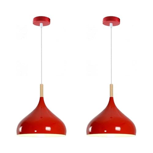 Image of LEDSone 1 Head E27 95cm Adjustable Hanging Metal Hanging Lamp Mosque Shade Industrial Ceiling Pendant Light Fixture for Dining Room, Living Room 2 Pack (Red)