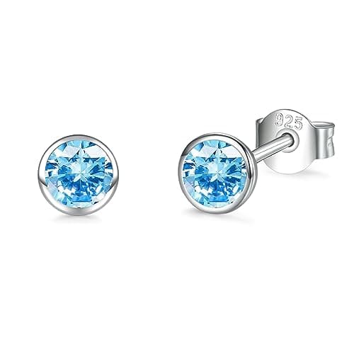 Image of Sterling Silver Stud Earrings for Women Men Girls, 1 Pairs Small Blue Cubic Zirconia Stud Earrings, Hypoallergenic Tiny Sleeper Cartilage Tragus Earring Multiple Pirercings Kids Gifts, 4mm