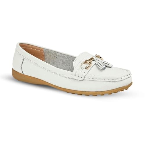 Image of Ladies Loafers Flats Wide Leather Tassle Cushioned Casual Slip On Womens Nautical Boat Comfort Shoes (White, UK Footwear Size System, Adult, Women, Numeric, Wide, 5)