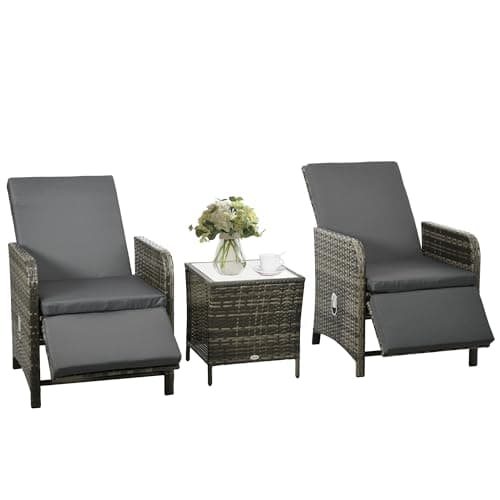 Image of Outsunny 3 Pieces Rattan Bistro Set, Reclining Garden Chairs and 2-Tier Storage Glass-Top Table, PE Wicker Garden Furniture Conversation Set with Cushions for Outdoor, Patio, Balcony, Dark Grey