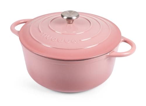 Image of Nuovva Enamelled Cast Iron Dutch Oven Pot with Lid – 6.4 Quart Casserole Dish – Ceramic Dutch Oven for Bread Baking, Roasting, Braising & Stews – Oven Safe up to 500°F – 28cm Pink