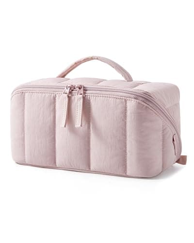 Image of BAGSMART Travel Makeup Bag, Flat Lay Make Up Case, Wide Opening Cosmetic Organiser with Clear Brushes Pocket & Wet Pocket, Small Toiletry Bag, Travel Accessories for Women, Pink