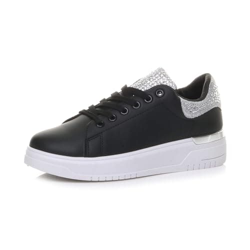 Image of AJVANI Womens Ladies Flat Diamante Crystal Glitter Sparkly lace up Trainers Size 6 39 Black Silver