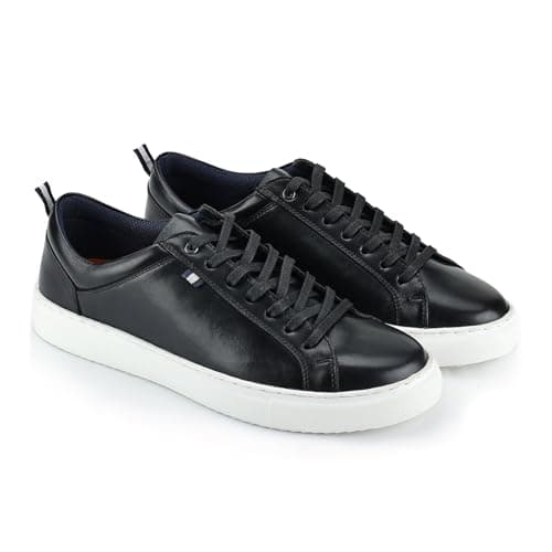 Image of Silver Street London Men's Holden Leather Trainers | Premium Cupsole Lace-Up Sneakers with Contrast Sole | Smart Casual Shoes Black