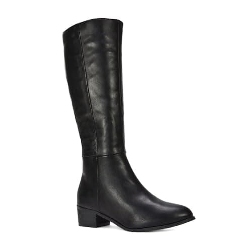 Image of ESSEX GLAM Women's Knee High Boots Ladies Classic Block Low Heel Zip Western Black Synthetic Leather Calf Riding Booties Size 7