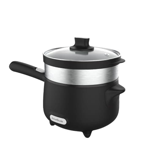 Image of Drew&Cole CleverPot 1.2L Cooking Pot in Black - Energy Efficient, Compact, Portable & Easy to Use - Serves up to 3 People - 2 Power Settings - Sleek Design - With Glass Lid & Steam Basket - 600W
