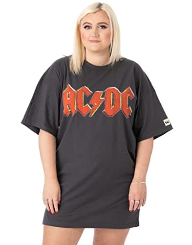 Image of AC/DC Womens T-Shirt Dress | Charcoal Grey with Classic Band Logo Oversized Graphic Tee for Ladies | Fly On The Wall 1985 Tour Merchandise | Pop Rock Concert Gig Top | Festival Gift for Adults