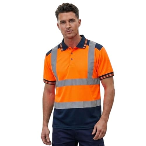 Image of Hi Vis Polo Shirt - High Visibility Safety Workwear with Reflective Stripes T Shirt, Available in Long Sleeve and Short Sleeve Work Top for Men and Women- (Railway Short Sleeve Orange/Navy M)