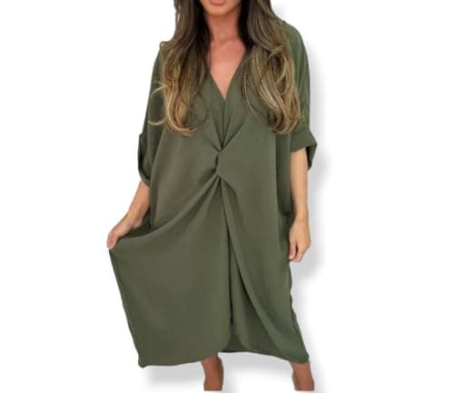 Image of Women Tie Knot Twist V-Neck Oversized Long Soft Touch Summer Smock Midi Dress Ladies Plain Batwing Sleeve Baggy Midi Dress Khaki Plus Size 12-14