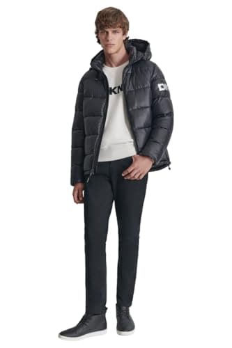 Image of DKNY Men's Water Resistant Hooded Puffer Durable Cold Weather Jacket, Black, L