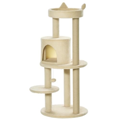 Image of PawHut 104 cm Cat Tree, Cat Condo Tree Tower, Cat Activity Centre with Scratching Posts, Plush Perch, Hanging Ball - Cream White
