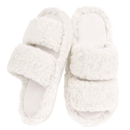 Image of OFFCUP Womens Fuzzy Open-toe Slippers, 5/5.5 UK Women's Slippers, Anti-Slide Soft Comfy Memory Foam Plush Home Shoes, Flat Furry Slippers Shoes for Indoor Outdoor Girls (White)