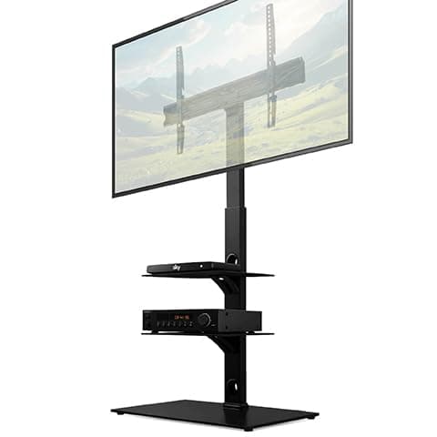 Image of Futura TV Floor Stand for 30–75 Inch TVs, Swivel Bracket & Height Adjustable, Universal TV Stand with Two Shelves, Tempered Glass Base, Max VESA 600x400mm, 40kg Capacity & Cable Management