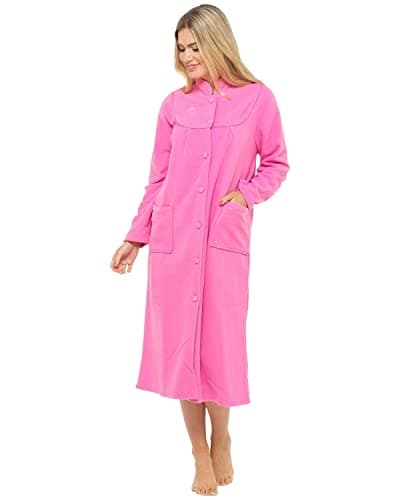 Image of Ladies Fleece Dressing Gown Sizes UK 10 to 26 Robe wrap Button Front Pockets (26/28, Pink)