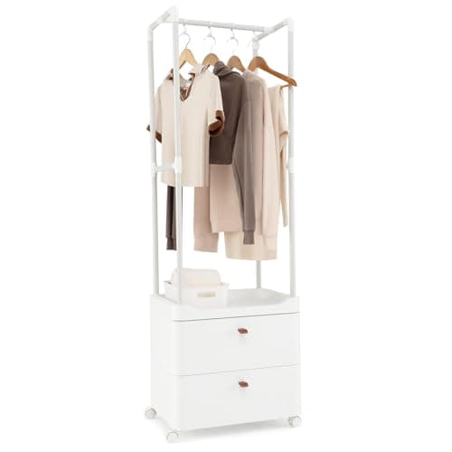Image of COSTWAY Clothes Rail on Wheels, Freestanding Garment Rack Clothes Stand with 2 Drawers, Storage Shelf, Hanging Rail and S-Hooks, Metal Frame Mobile Clothing Rack Hanger for Bedroom Closet Hallway