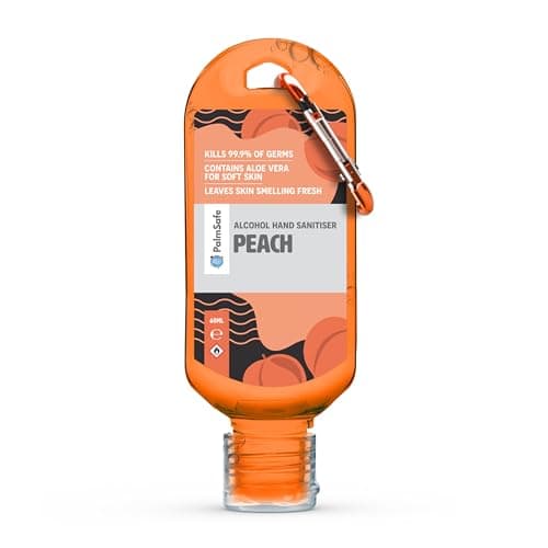 Image of Palm Safe Peach 60ml Anti Bacterial Premium Hand Sanitiser Travel Size Refillable Clip Bottle Quick Drying Non Sticky Extra Moisturising Kills 99.9% of Viruses and Bacteria