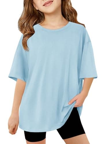 Image of Haloumoning T-Shirts Girls Round Neck Short Sleeve Plain Casual Sports Tops Kids Summer Oversized Shirts Casual Basic Tops, Sky Blue, 130 cm
