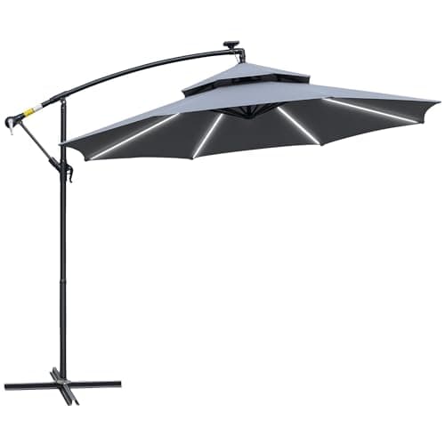 Image of Outsunny 3(m) Cantilever Banana Parasol Hanging Umbrella with Double Roof, LED Solar lights, Crank, 8 Sturdy Ribs and Cross Base for Outdoor, Garden, Patio, Grey