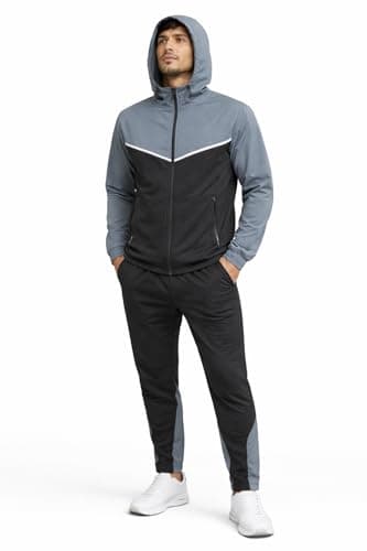 Image of NY Deluxe Edition Mens Tracksuit Set Full Zip Hooded Jacket Jogging Tops Bottoms Sweatshirt Suit with Pockets (UK, Alpha, S, Regular, Regular, Black/Grey)