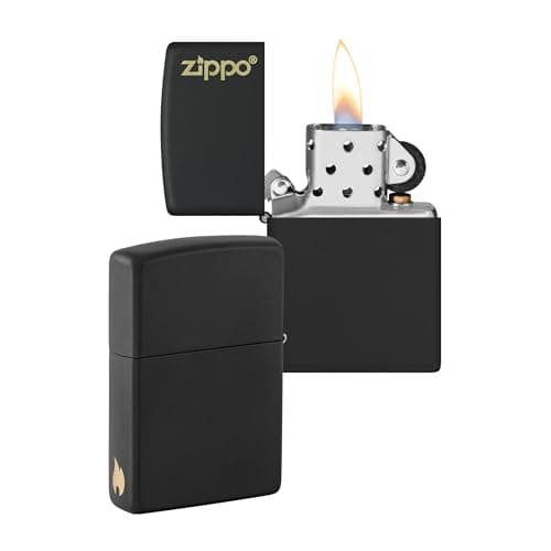 Image of Zippo Windproof Lighter - Logo & Flame Design - Black Matte - Refillable - Reusable - Windproof - Gift Box - Metal - Made in USA - Amazon Exclusive