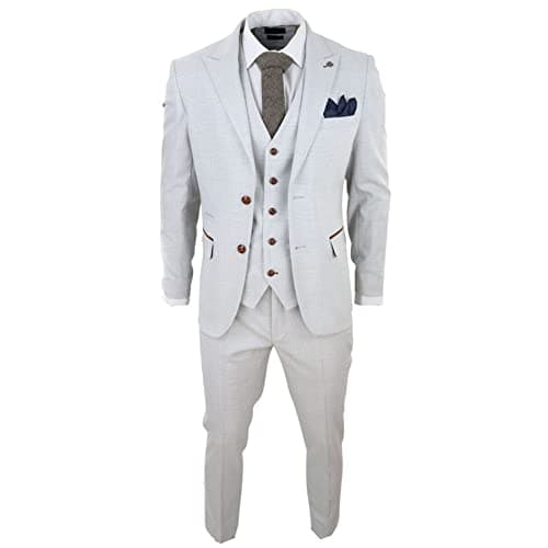 Image of Mens Grey Stone 3 Piece Tweed Check Suit Wedding Prom Tailored Fit Brown Trim - Cream 34