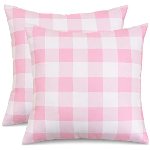 Image of 3E Home Pink Gingham Outdoor Cushion Covers 45 x 45cm Set of 2,Pink and White Checkered Spillproof Decorative Throw Pillow Covers Furniture Pillowcases for Garden Patio Balcony Bench Sofa