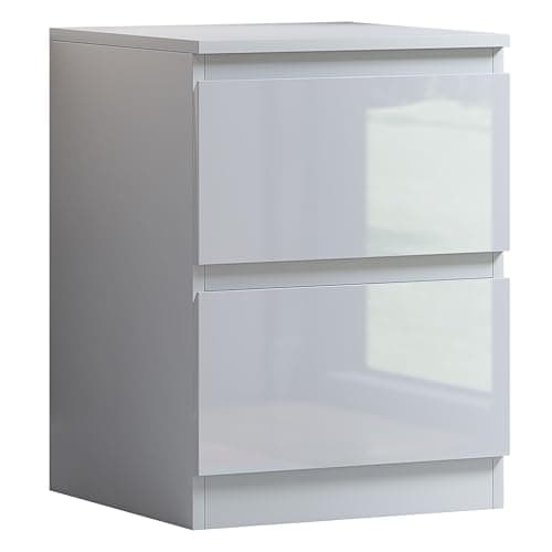 Image of FWStyle 2 Drawer Bedside Cabinet Matt White Frame with White Gloss Fronts Modern Nightstand Bedroom Furniture with Deep Drawers Chamfered Fronts Scratch and UV Resistant Finish W40 x H55 x D40cm