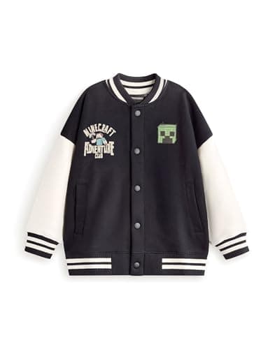 Image of Minecraft Creeper Bomber Jacket in Black & White | Boys Varsity Jacket Adventure Club Graphics | Long Sleeve Casual Wear Outerwear Merch - 7-8 Years