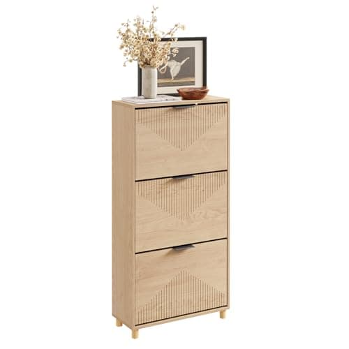 Image of SoBuy Slim Wooden Shoe Storage Cabinet, Narrow 24cm Shoe Rack Cabinet with 3 Flip Drawers for Hallway, Space-Saving Cupboard, 60×24×120 cm, Fits up to EU 47, FSR213-N