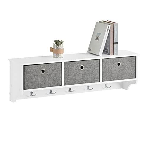 Image of SoBuy FRG282-W Wall-Mounted Coat Rack with 3 Baskets and 5 Hooks, Hanging Shelf for Hallway, Bedroom, Bathroom, White, Width Approx. 100 x 31 x 20 cm