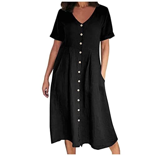 Image of AMhomely Cotton Linen Dresses for Women-Button Down Dress Plus Size,V Neck Shirt Dresses with Pocket,Pleated A-line Sundress,Solid Casual Swing Dress,Office Work Holiday Vacation A Black 5XL