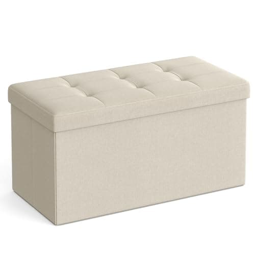 Image of SONGMICS MAZIE Collection - Storage Ottoman Bench, 76 cm Folding Foot Rest Stool, End of Bed Bench, Easy Assembly, for Living Room, Bedroom, Entryway, Cream White LSF047W51