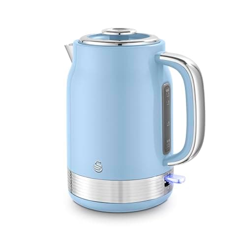 Image of Swan Retro 1.7L Jug Kettle, Rapid Boil, Removable Limescale Filter, Easy Pour, 360 Degree Base, Water Indicator Window and Boil Dry Protection, 3KW, Blue and Stainless Steel, SK19025BLU