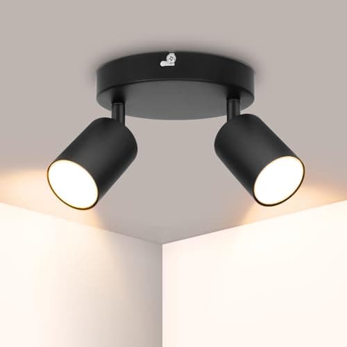 Image of Ketom Black LED Ceiling Light Round Rotatable - 2 Way Ceiling Spotlight Fitting - Adjustable GU10 Ceiling Spotlight - Indoor Metal Ceiling Spot Lamp - Bulb Not Included