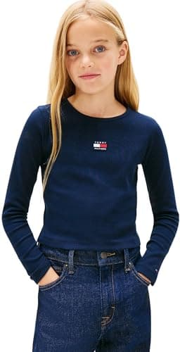Image of Tommy Hilfiger Girls Heritage Flag Rib Knit TEE LS KG0KG09065 Blue (Dark Night Navy) 6 Years