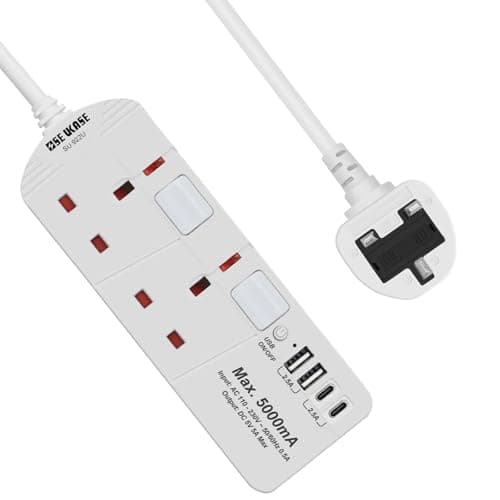 Image of SE UKASE Extension Lead with USB Slots(5V/5A), 2 Way Plug Sockets with Individual Switches USB and Type C, Wall Mount Design with 2M Extension Cable 2990W